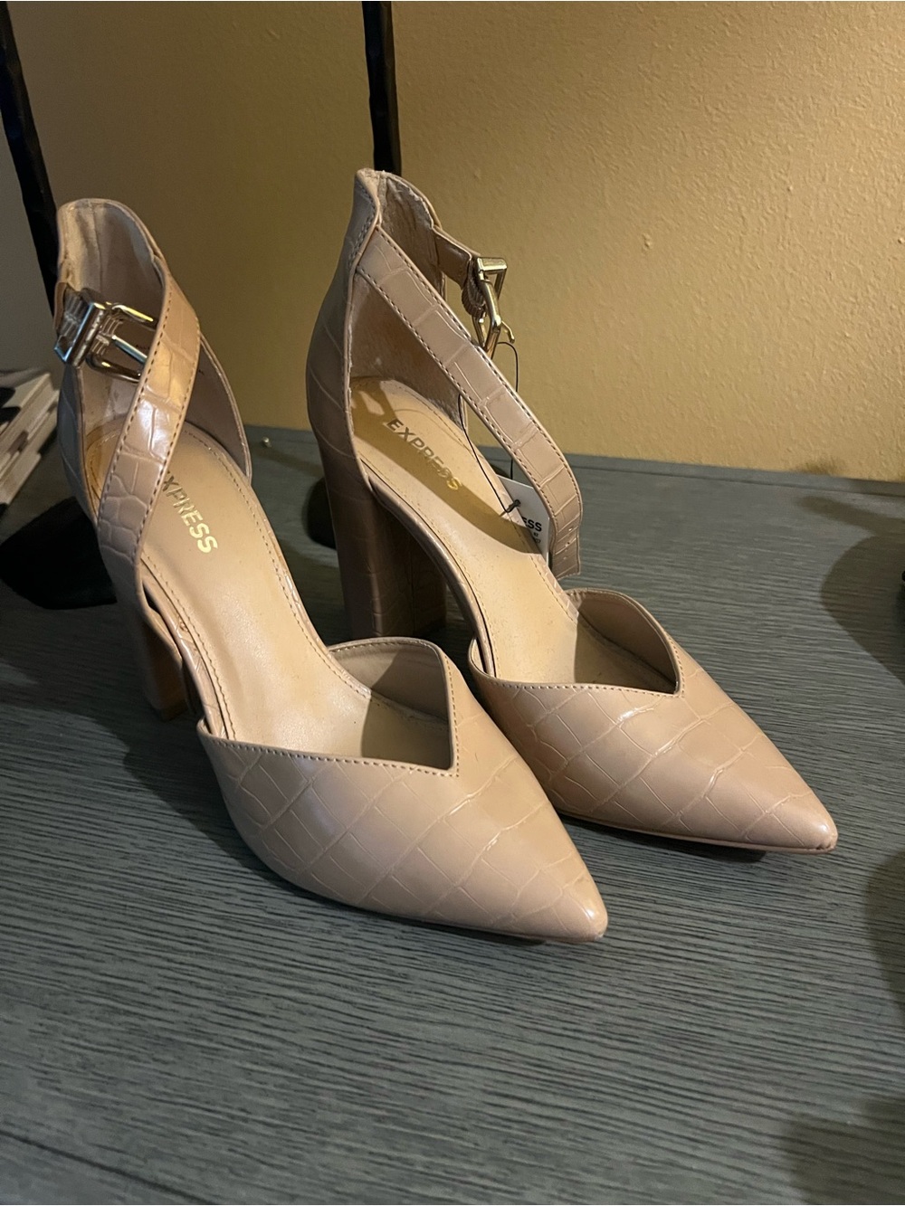 Express Beige Croc-Embossed Pointed Toe Ankle Strap Heels
